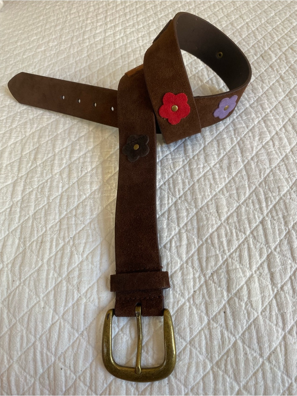 Boho Festival Hippie Penny Lane Brown Suede Floral Appliqué Belt Retro Large